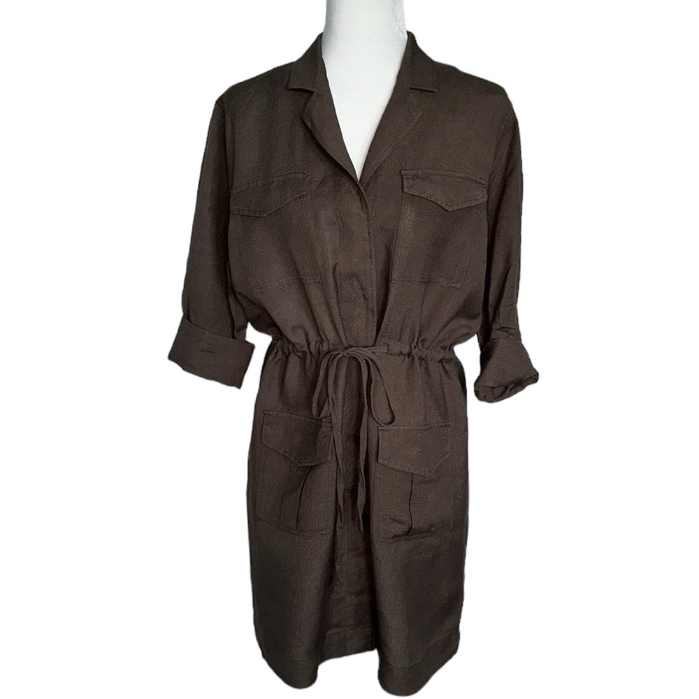 Rails khaki green long sleeve midi dress linen mix size M utility pockets